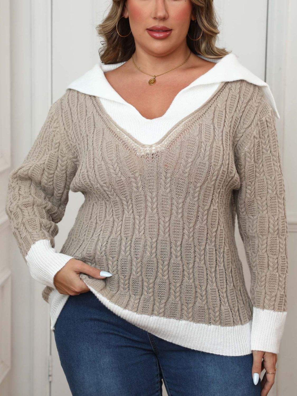 Plus Size Contrast Trim Collared Neck Sweater - Trendsi - Flyclothing LLC