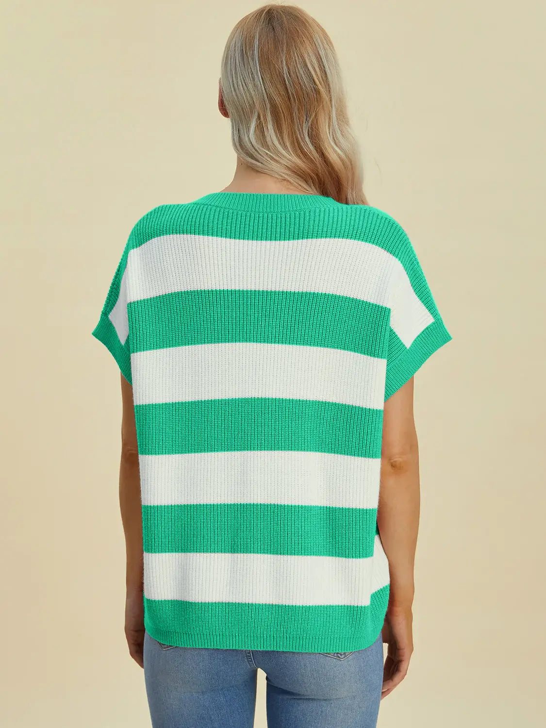 Double Take Full Size Striped V-Neck Short Sleeve Sweater - Trendsi - Flyclothing LLC