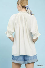 Umgee Linen Scalloped Ruffle Neck Blouse - Trendsi - Flyclothing LLC