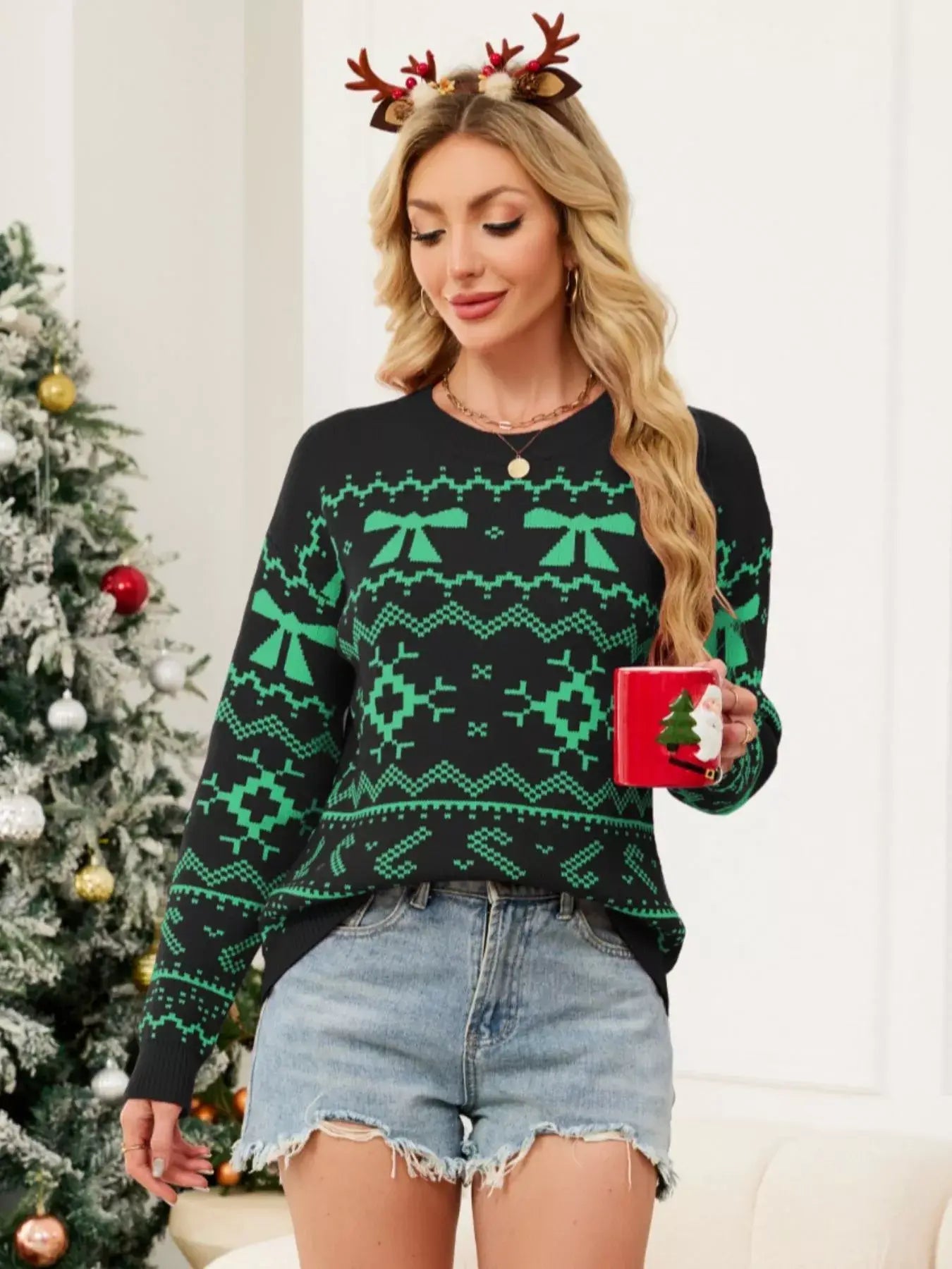 Christmas Bow Round Neck Sweater - Trendsi - Flyclothing LLC