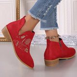 Embroidered Suede Point Toe Block Heel Boots - Trendsi - Flyclothing LLC