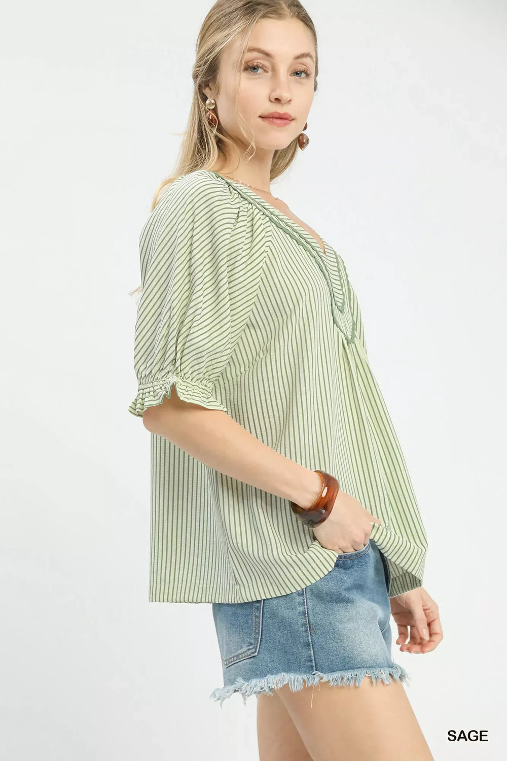 Umgee Stripe V-Neck Blouse - Trendsi - Flyclothing LLC