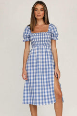 Full Size Slit Plaid Short Sleeve Midi Dress - Trendsi - Flyclothing LLC