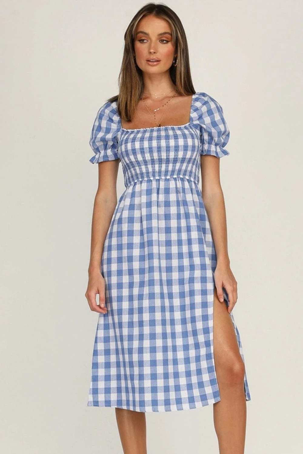 Full Size Slit Plaid Short Sleeve Midi Dress - Trendsi - Flyclothing LLC