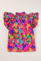 Ruffled Printed Mock Neck Cap Sleeve Blouse - Trendsi - Flyclothing LLC