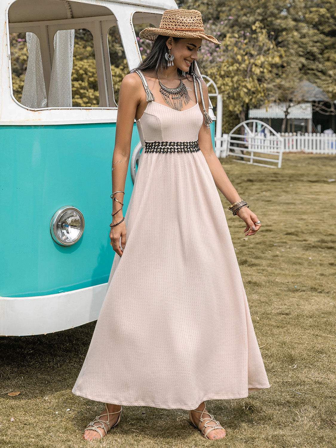 Waffle-Knit Tied Spaghetti Strap Dress - Trendsi - Flyclothing LLC
