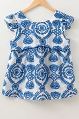 Boho Print Ruffled Cap Sleeve Crew Neck Blouse - Trendsi - Flyclothing LLC