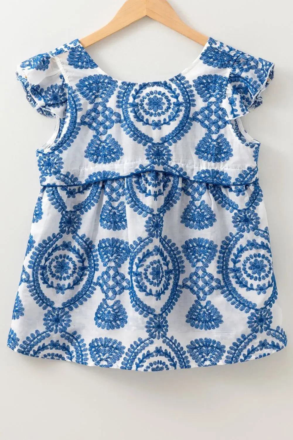 Boho Print Ruffled Cap Sleeve Crew Neck Blouse - Trendsi - Flyclothing LLC