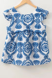 Boho Print Ruffled Cap Sleeve Crew Neck Blouse - Trendsi