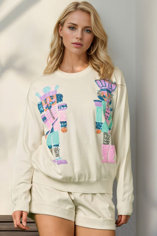 Double Take Full Size Sequin Nutcracker Long Sleeve Sweater - Trendsi