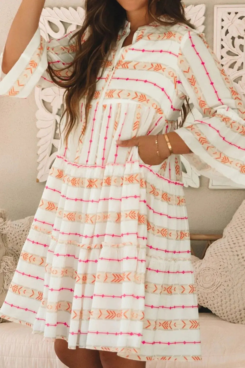 Printed Ruffled Notched Loose Dress - Trendsi - Flyclothing LLC