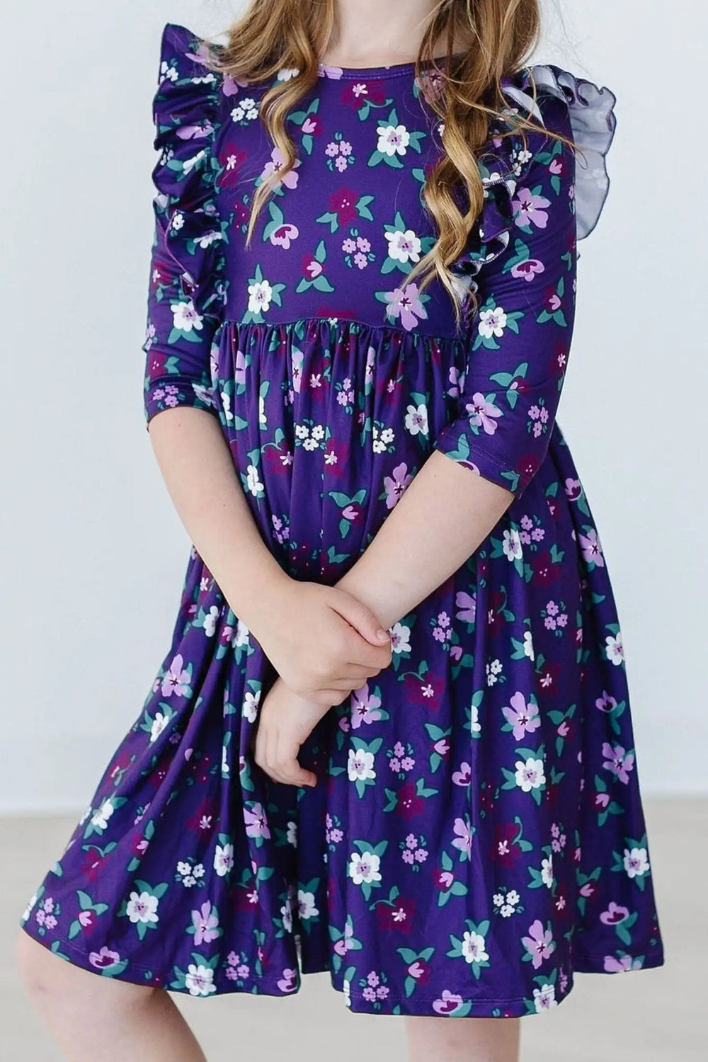 Violets in Bloom 3/4 Sleeve Ruffle Twirl Dress - Mila & Rose ®