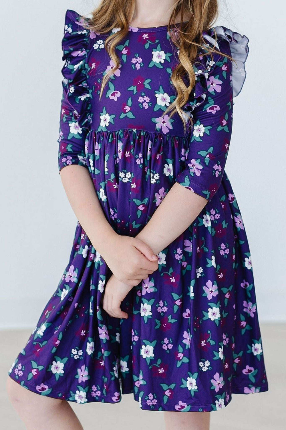 Violets in Bloom 3/4 Sleeve Ruffle Twirl Dress - Mila & Rose ® - Flyclothing LLC