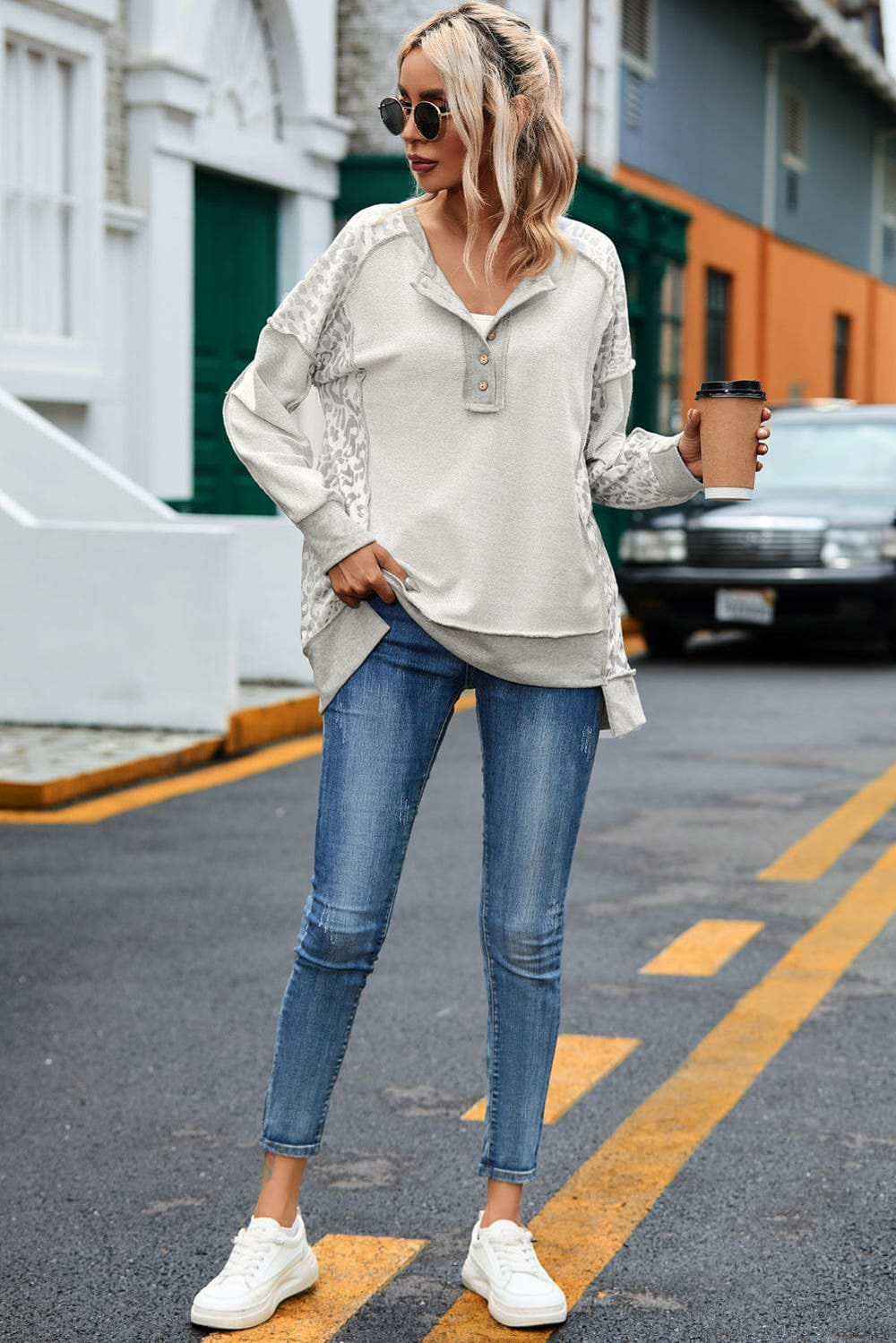 Exposed Seam Leopard Long Sleeve Sweatshirt - Trendsi - Flyclothing LLC
