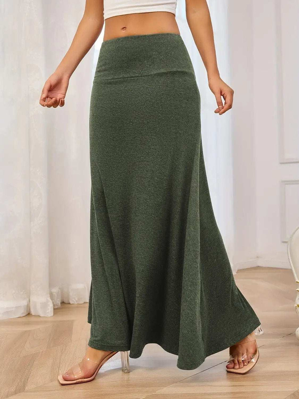 Solid Elastic Waist Maxi Skirt - Trendsi - Flyclothing LLC