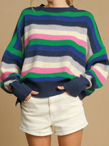 Rainbow Striped Crew Neck Drop Shoulder Sweater - Trendsi - Flyclothing LLC