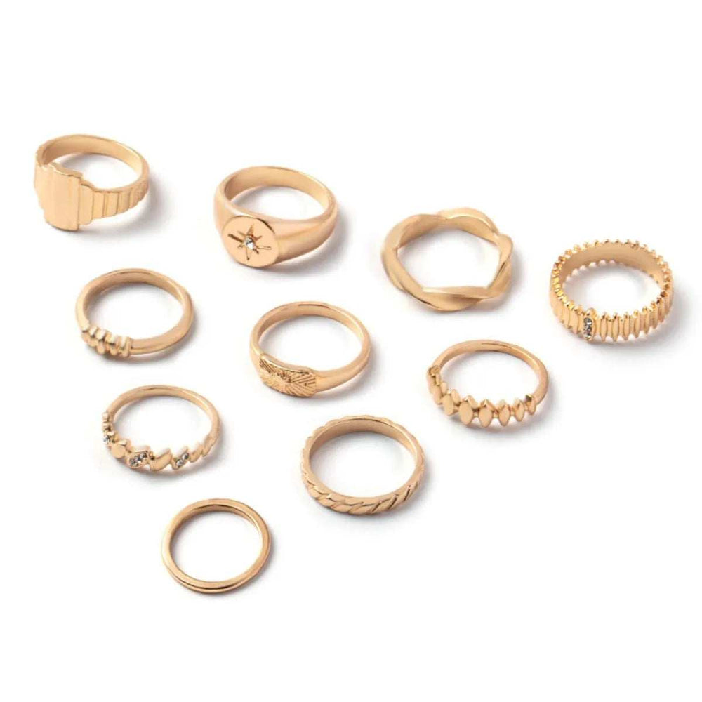 10-Piece 18K Gold-Plated Geometric Ring - Trendsi - Flyclothing LLC