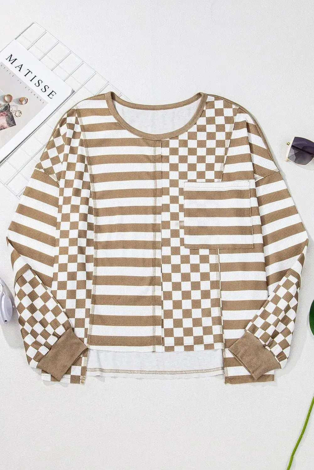Checker & Stripes Round Neck Long Sleeve Blouse - Trendsi - Flyclothing LLC