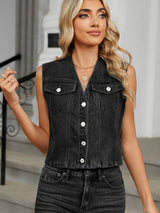 V-Neck Button Down Denim Vest - Trendsi - Flyclothing LLC