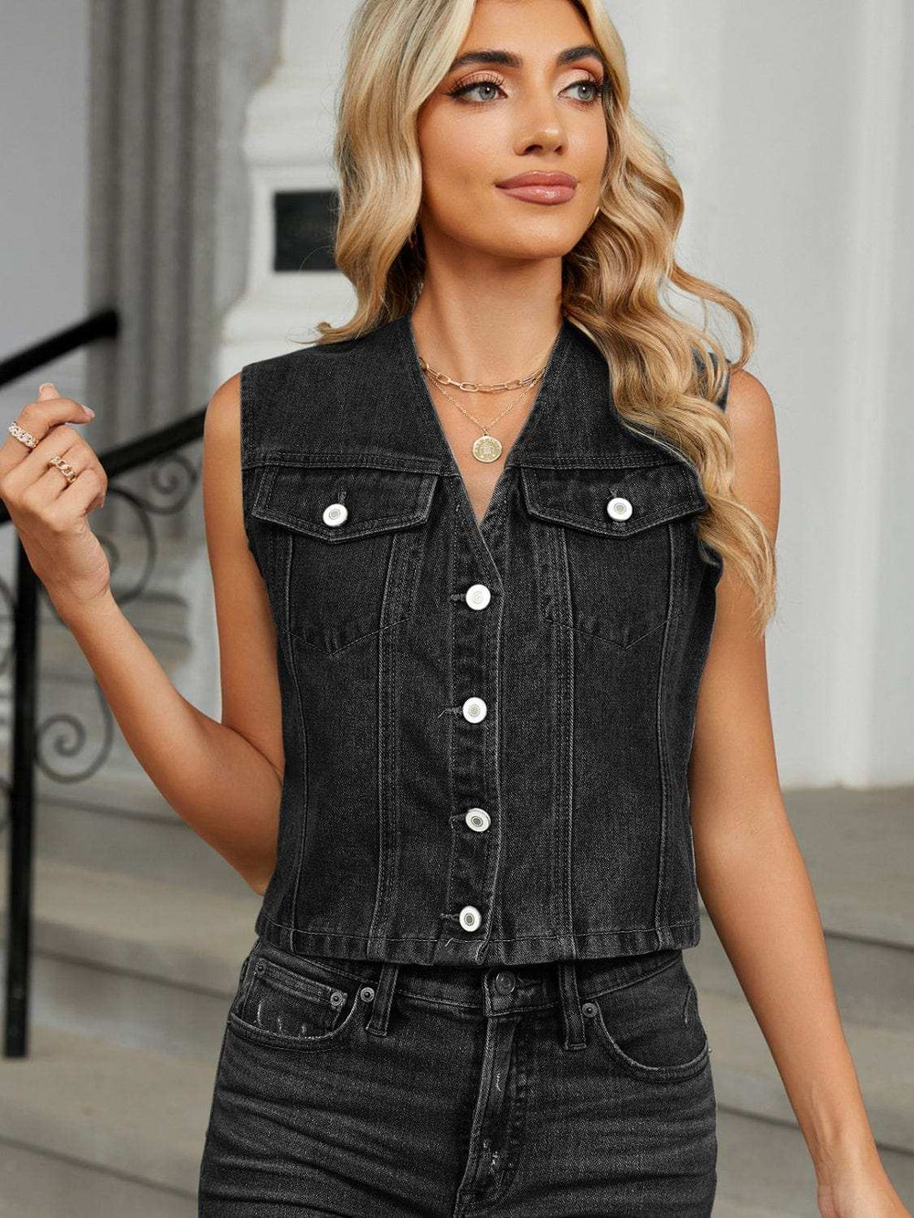 V-Neck Button Down Denim Vest - Trendsi - Flyclothing LLC