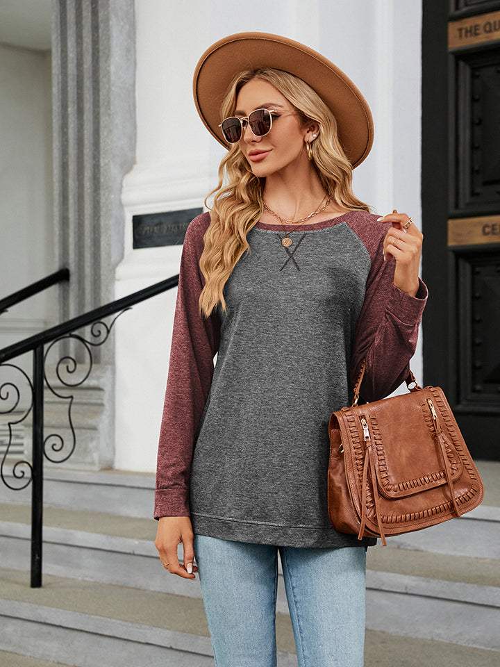 Round Neck Raglan Sleeve T-Shirt - Trendsi - Flyclothing LLC