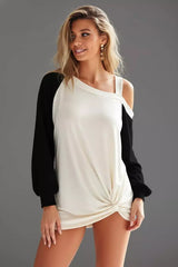 BiBi French Terry Knit Color Block One Shoulder Top - Trendsi - Flyclothing LLC