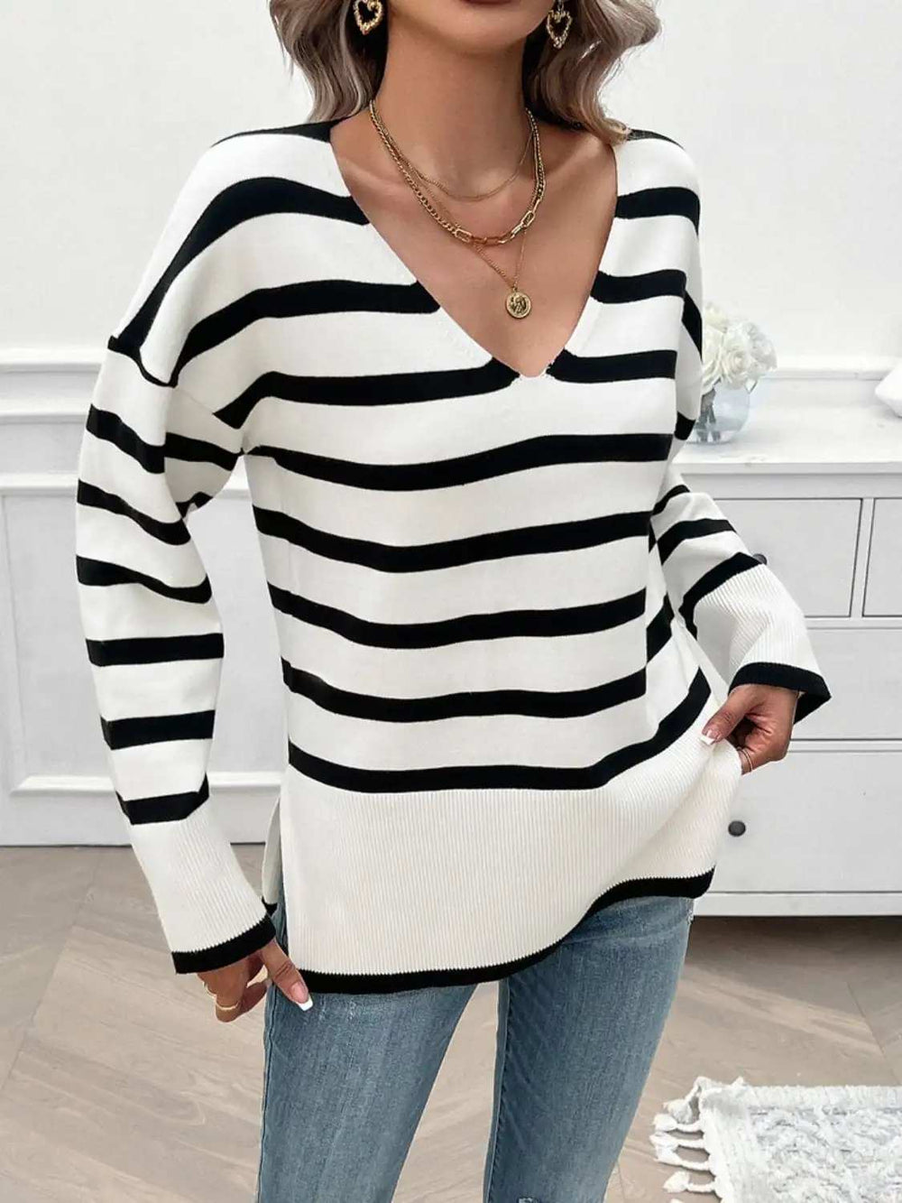 Striped V-Neck Long Sleeve Knit Top - Trendsi - Flyclothing LLC