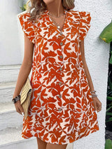 Printed Notched Cap Sleeve Mini Dress - Trendsi - Flyclothing LLC