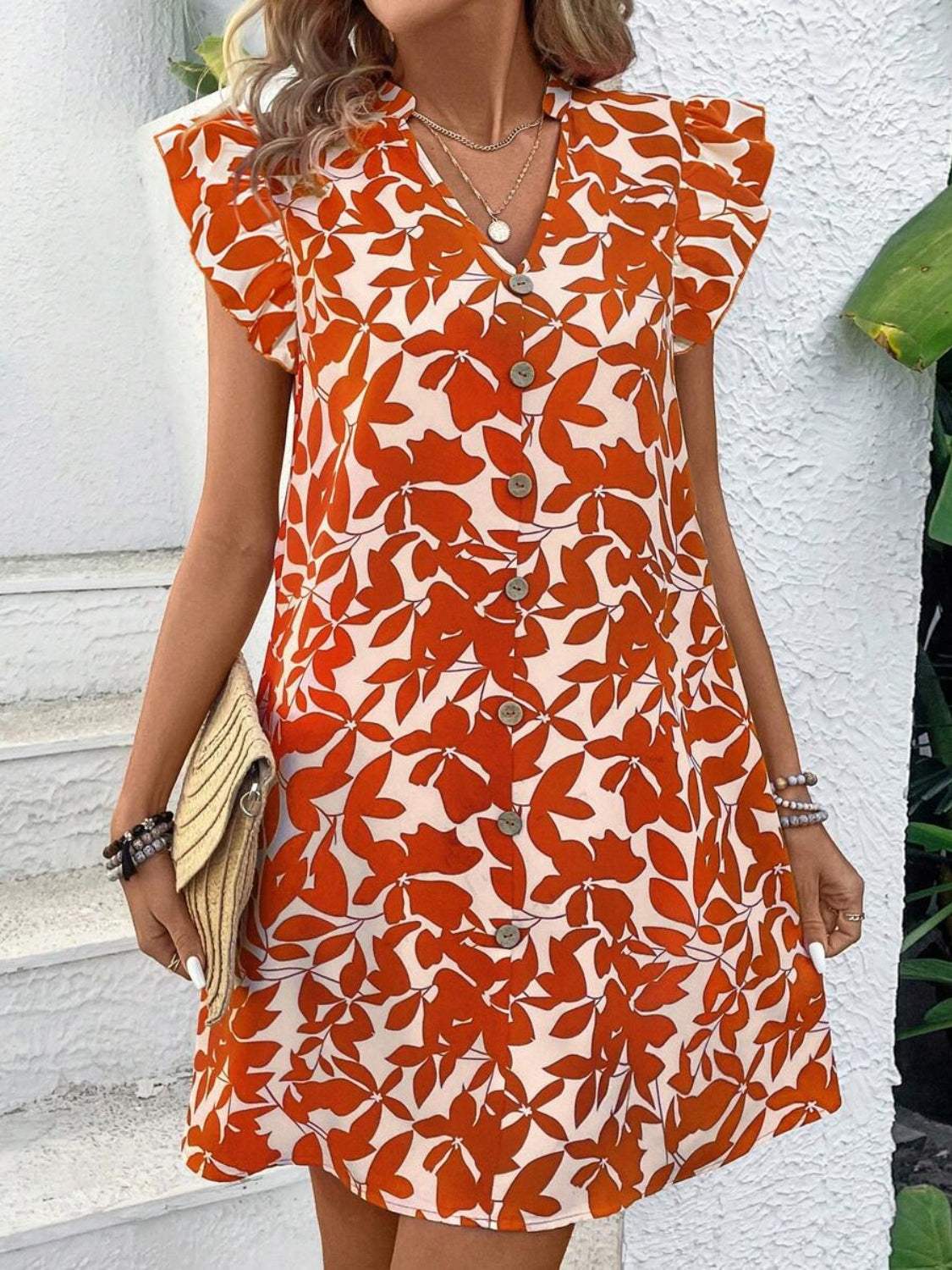 Printed Notched Cap Sleeve Mini Dress - Trendsi - Flyclothing LLC