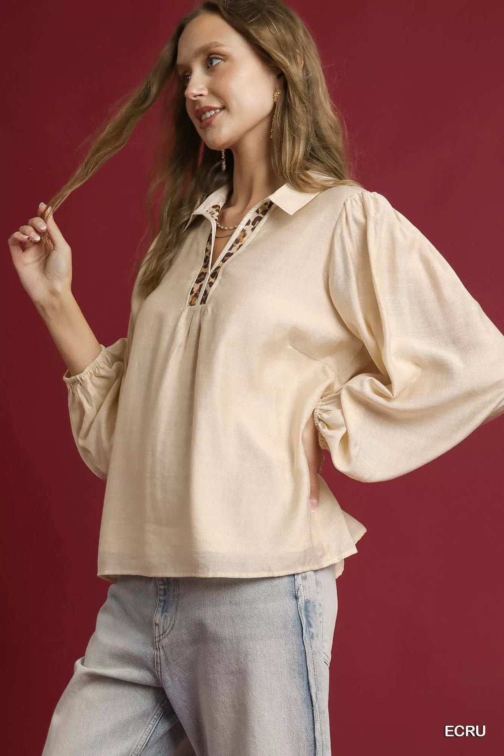 Umgee Long Sleeve Blouse with Leopard Print Trim - Trendsi - Flyclothing LLC
