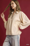 Umgee Long Sleeve Blouse with Leopard Print Trim - Trendsi - Flyclothing LLC