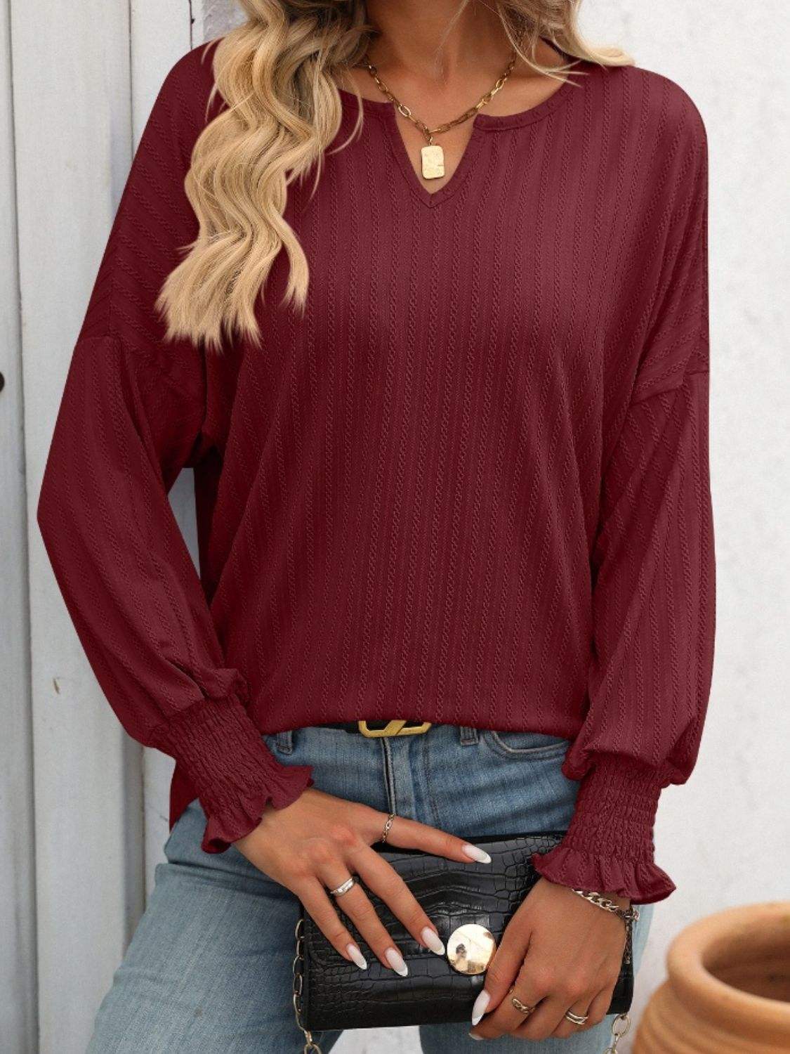 Textured Notched Lantern Sleeve T-Shirt - Trendsi - Flyclothing LLC
