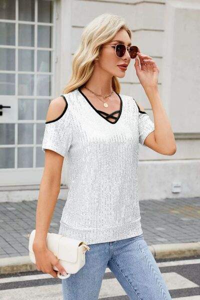 Sequin Crisscross V-Neck Cold Shoulder Blouse - Trendsi - Flyclothing LLC