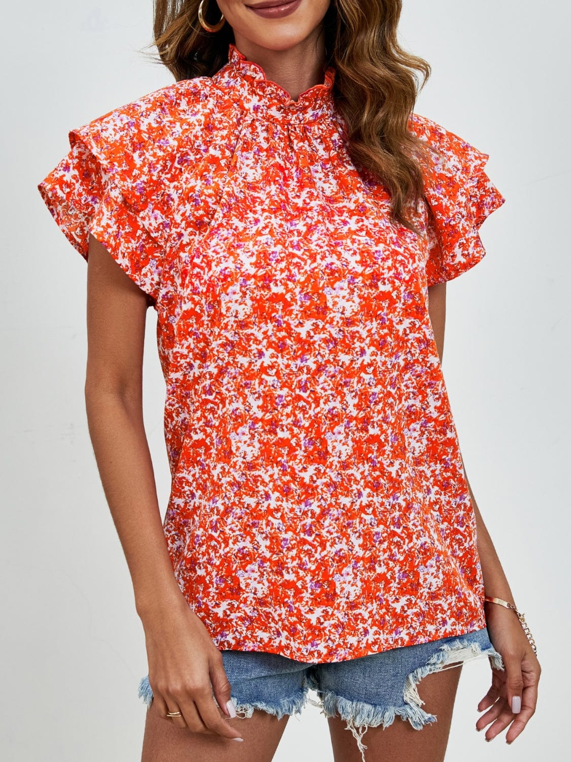 Ditsy Floral Mock Neck Flounce Sleeve Blouse - Trendsi