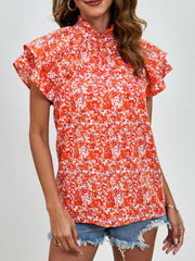 Ditsy Floral Mock Neck Flounce Sleeve Blouse - Trendsi