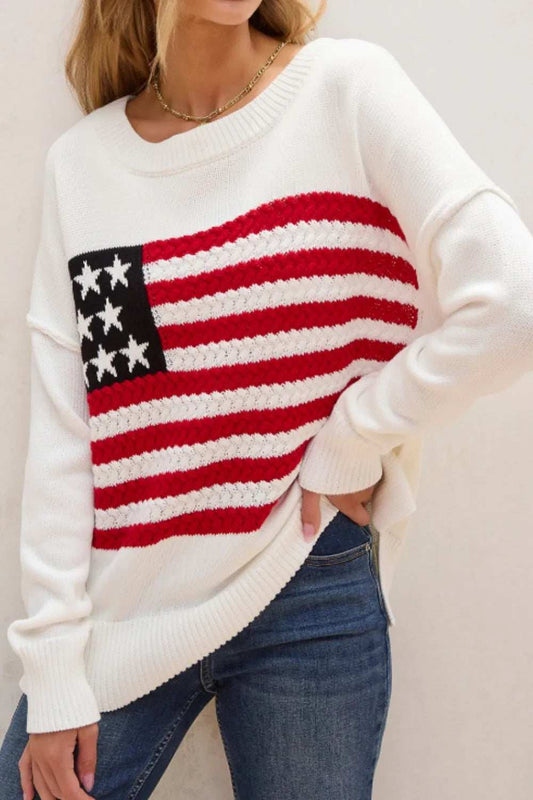 US Flag Side Slit Drop Shoulder Sweater - Trendsi - Flyclothing LLC