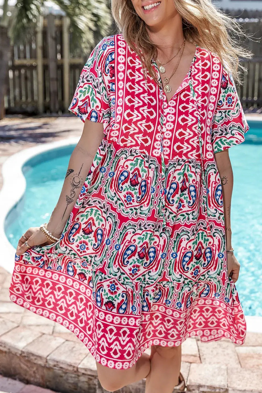 Printed Tie Neck Short Sleeve Dress - Trendsi - Flyclothing LLC