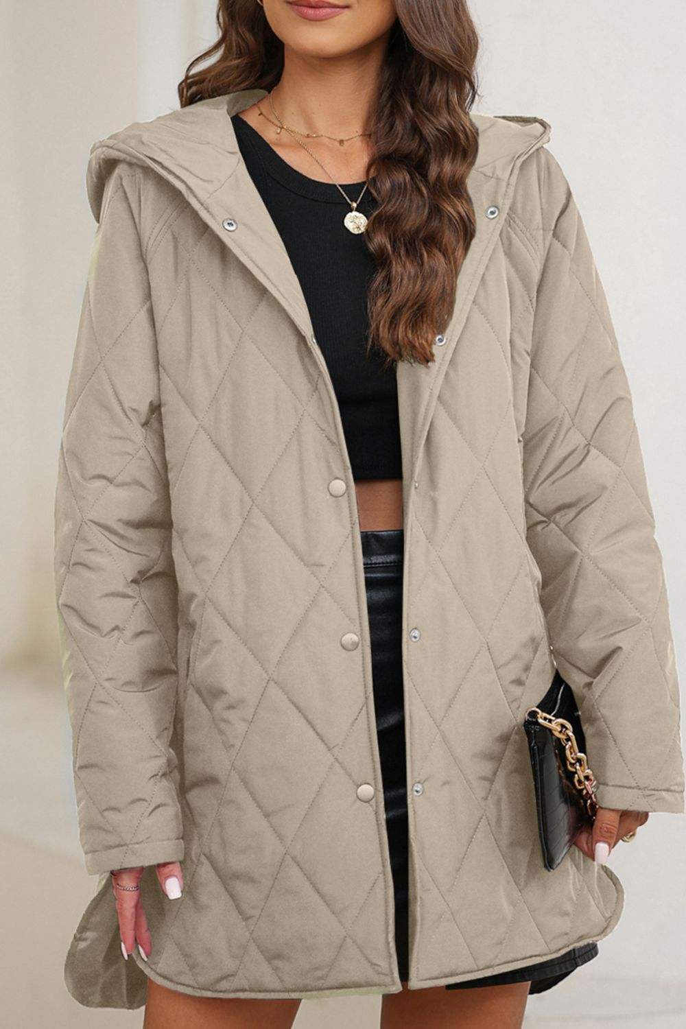 Snap Down Long Sleeve Quilted Winter Coat - Trendsi - Flyclothing LLC
