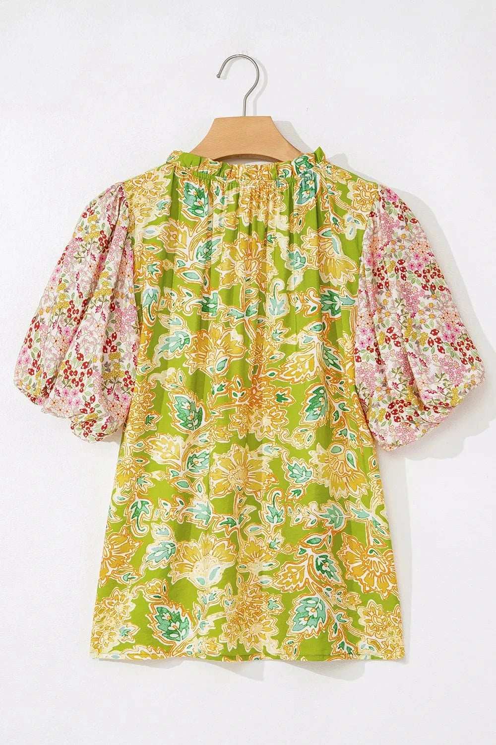 Multicolour Printed Contrast Bubble Sleeve Patchwork Blouse - Trendsi - Flyclothing LLC