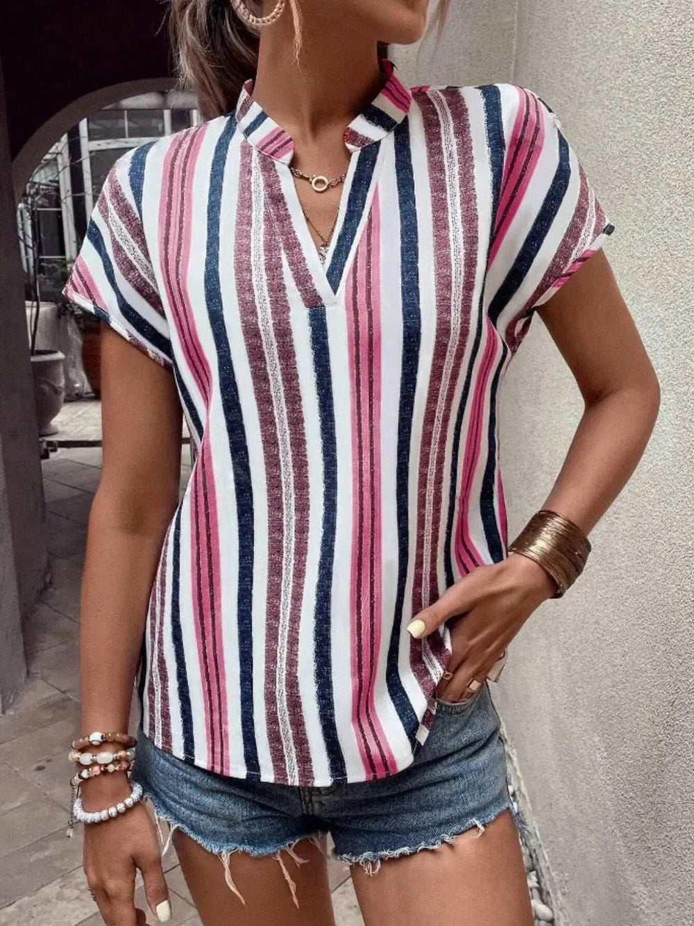 Striped Notched Short Sleeve Shirt - Trendsi - Flyclothing LLC