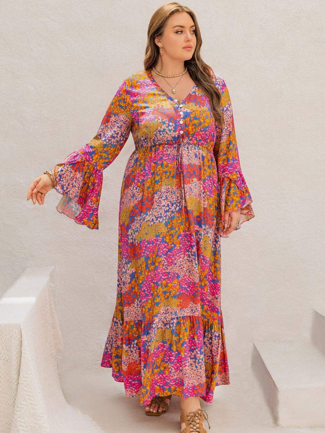 Plus Size Printed V-Neck Long Sleeve Maxi Dress - Trendsi - Flyclothing LLC