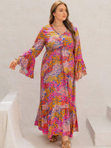 Plus Size Printed V-Neck Long Sleeve Maxi Dress - Trendsi - Flyclothing LLC