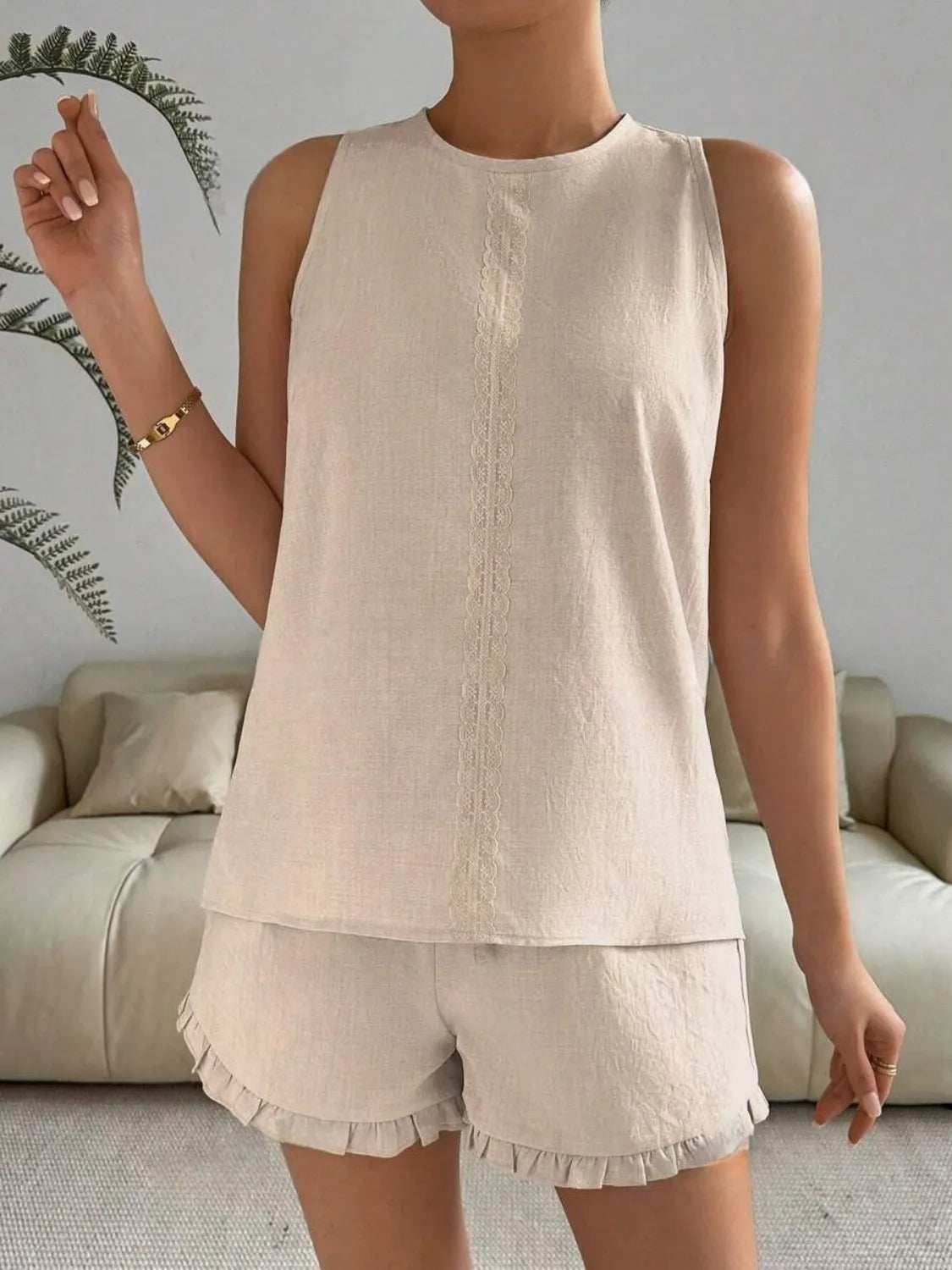 Lace Detail Round Neck Tank and Shorts Set - Trendsi - Flyclothing LLC
