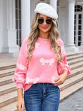 Angel Wings Bow Round Neck Dropped Shoulder Sweater - Trendsi