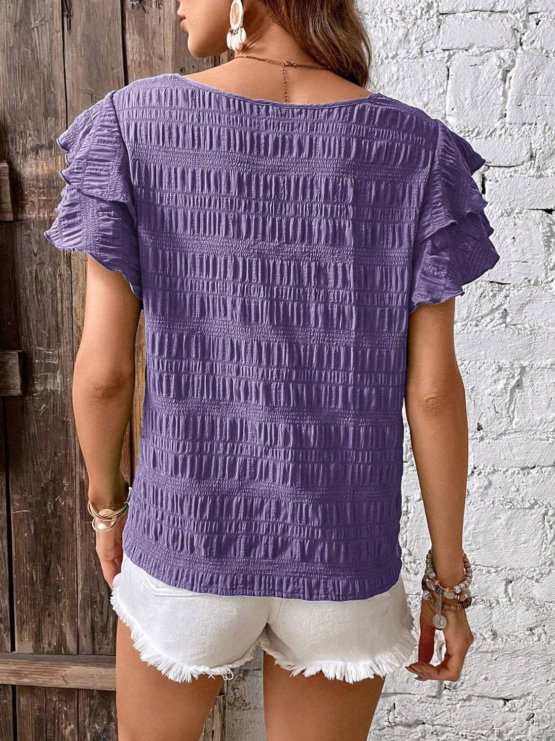 Round Neck Flounce Sleeve Blouse - Trendsi - Flyclothing LLC
