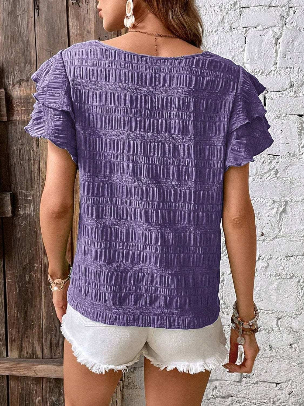 Round Neck Flounce Sleeve Blouse - Trendsi - Flyclothing LLC