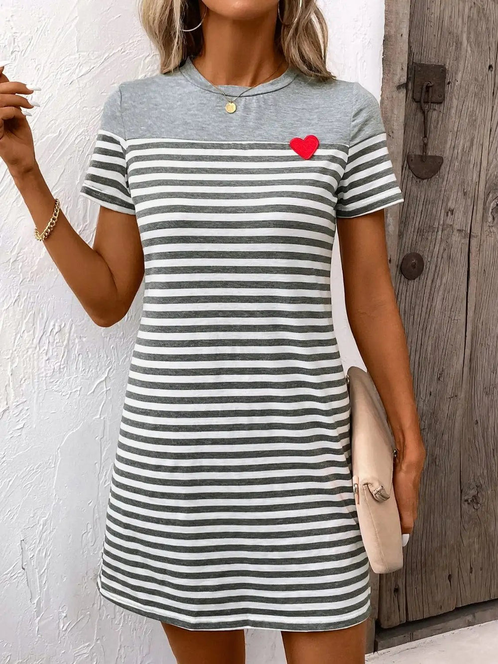 Striped Round Neck Short Sleeve Mini Dress - Trendsi
