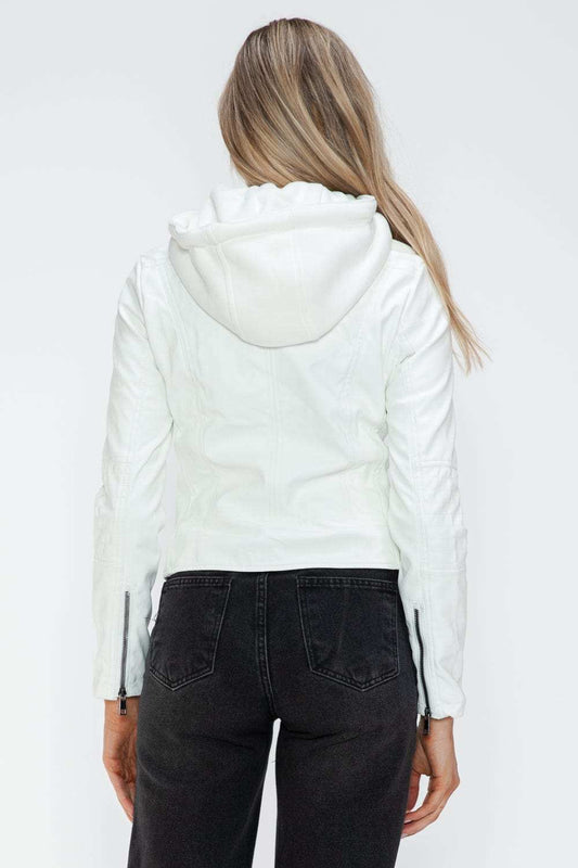 Snobbish Faux Leather Zip Up Drawstring Hooded Jacket - Trendsi - Flyclothing LLC