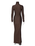 Ruched Turtleneck Long Sleeve Tie Front Maxi Dress - Trendsi - Flyclothing LLC