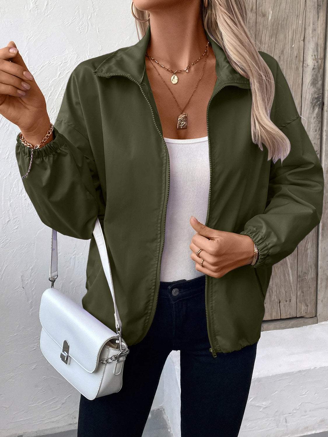 Pocketed Zip Up Long Sleeve Jacket - Trendsi - Flyclothing LLC